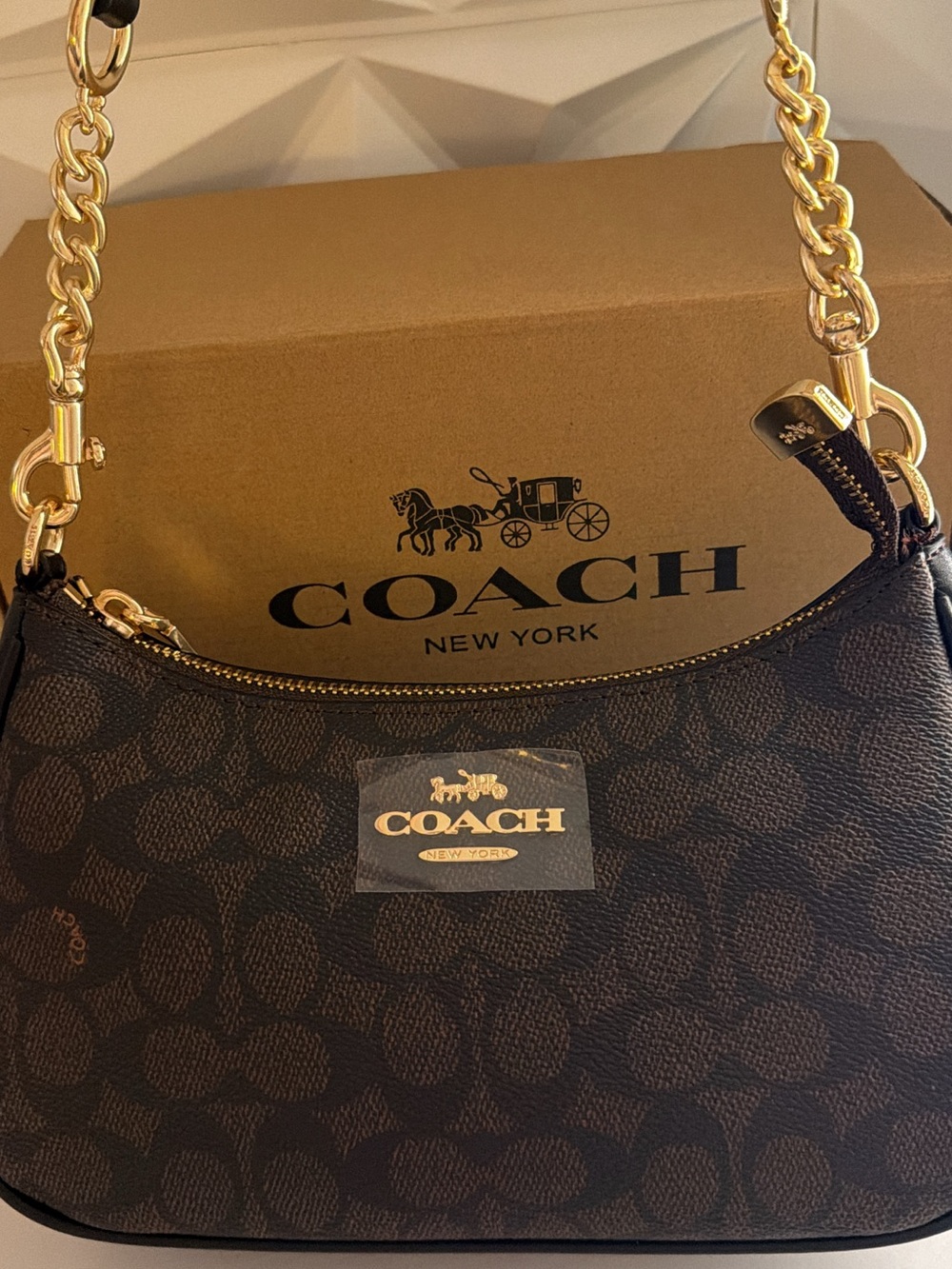 Coach Dark Brown Signature Canvas Shoulder Bag with Gold Hardware